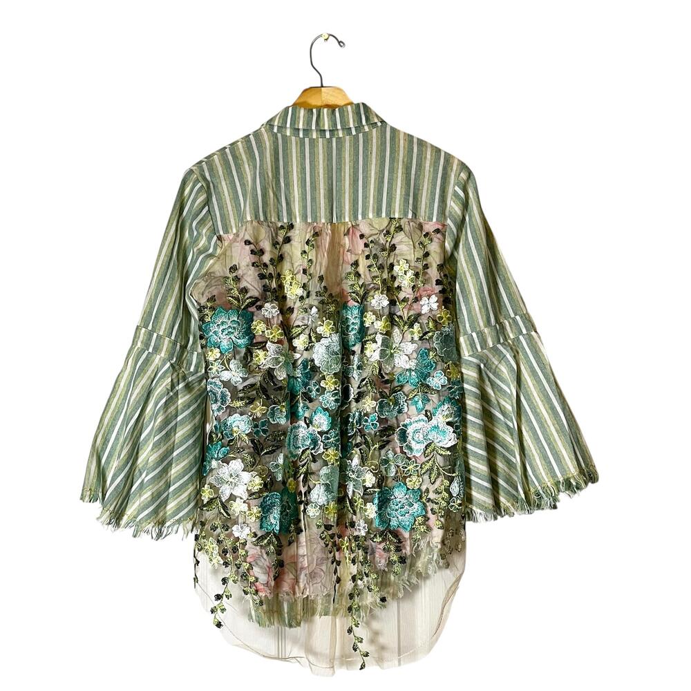 Aratta Tunic Top Womens Small Green Stripe Embroidered Mesh Back Boho Shirt